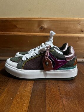 Kurt Geiger Olive Green, White & Pink Mixed-Material Sneakers